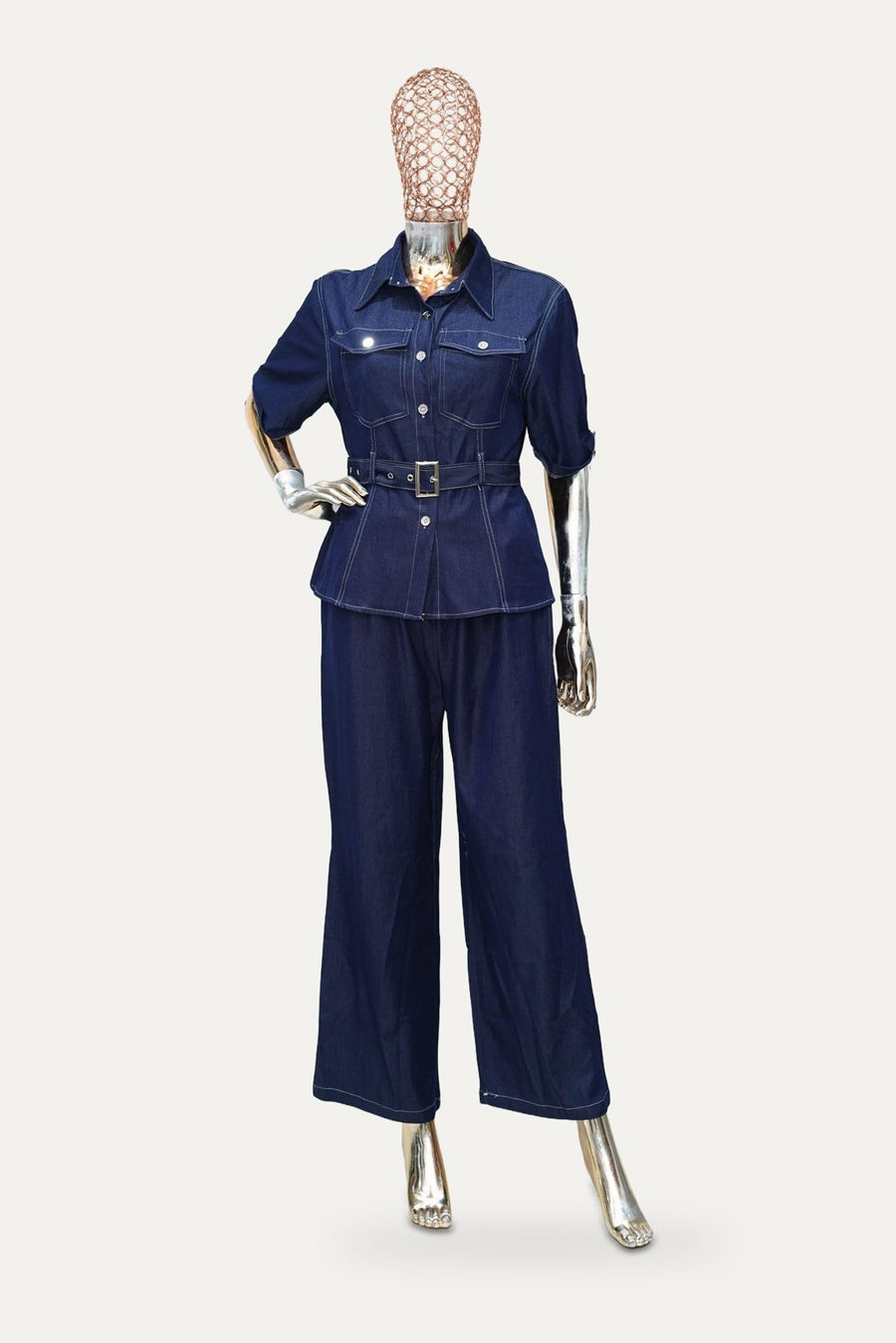 Denim Belted Shirt Co-ord Set in Navy