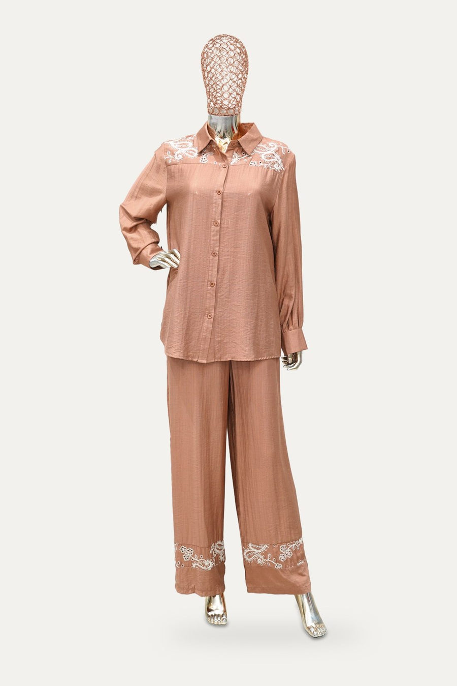 Embroidered Satin Shirt Co-ord Set in Rose