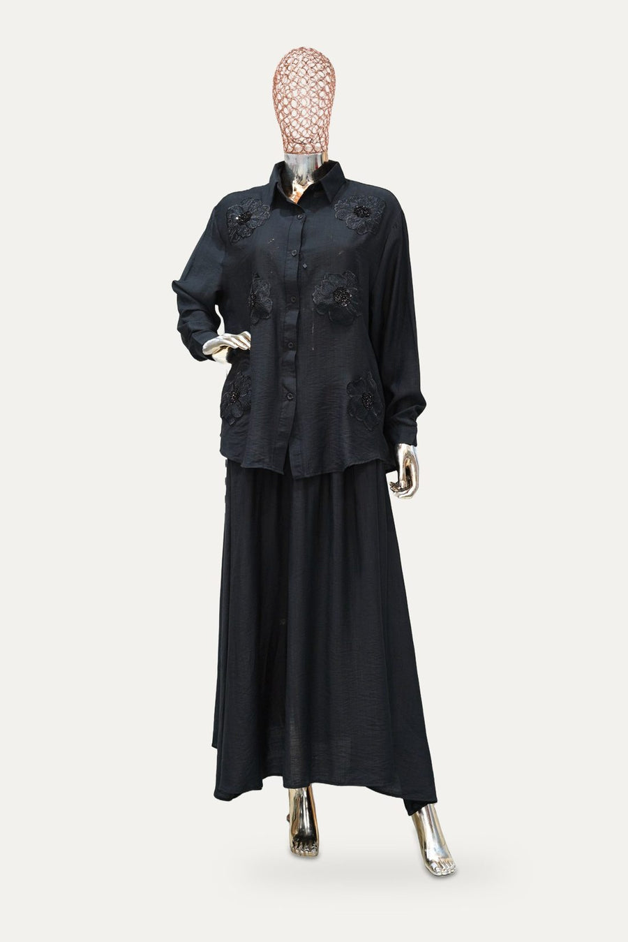 Embroidered Shirt and Skirt Set in Black
