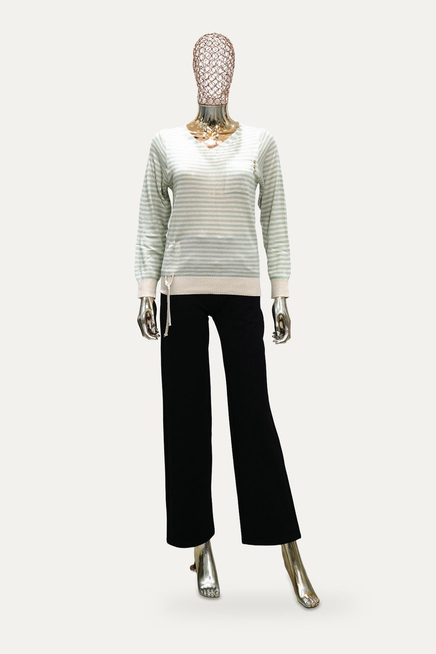 Fine Stripe V-Neck Sweater in Mint