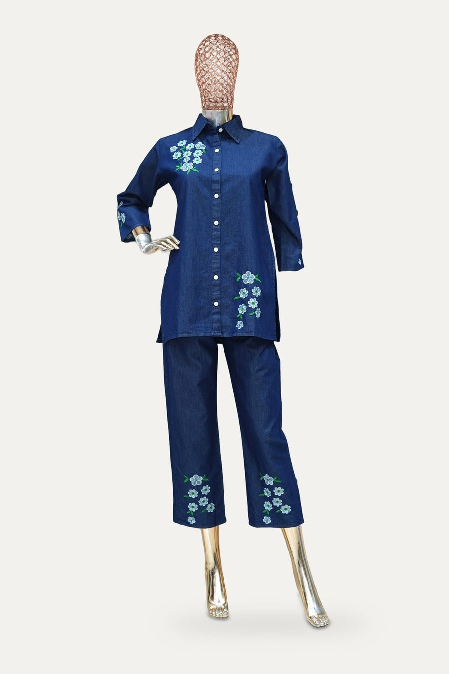 Floral Embroidered Denim Co-ord Set in Indigo
