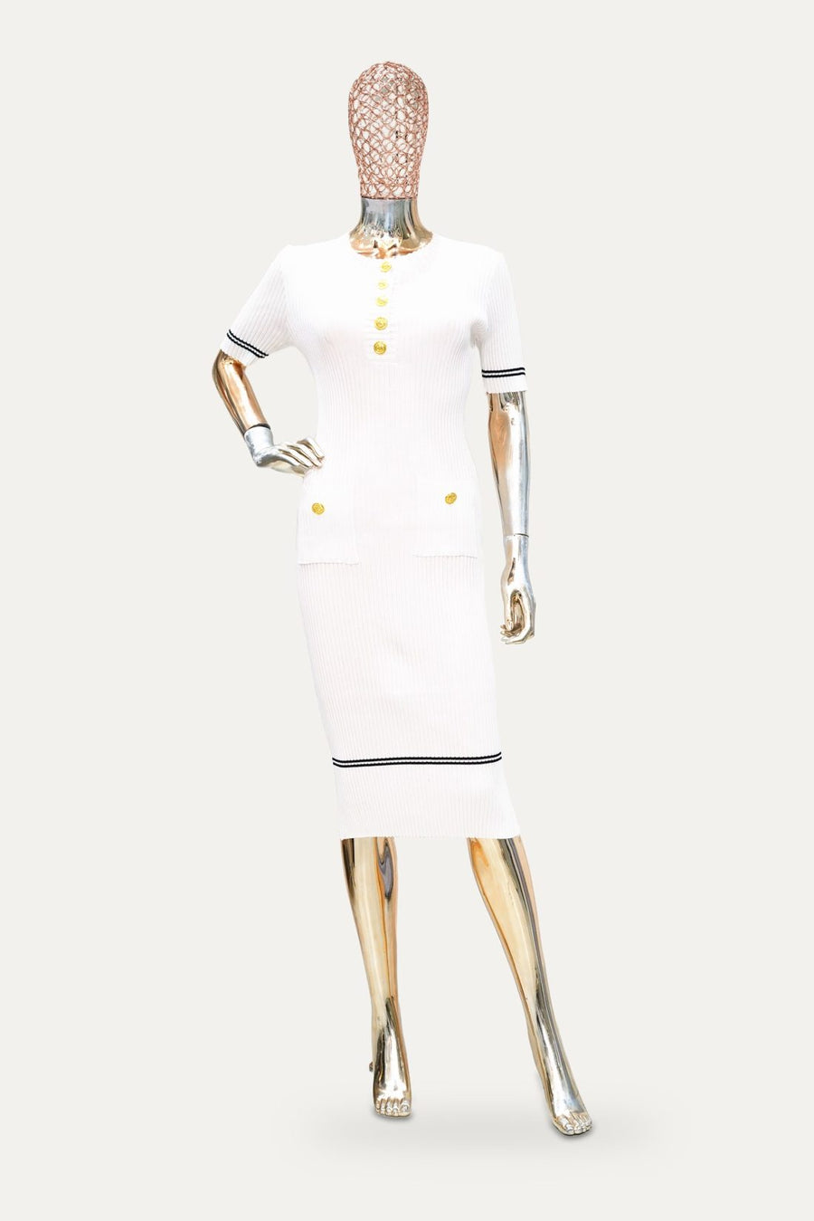 Gold Button Knit Dress in White