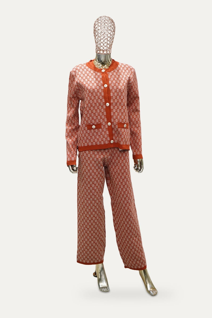 Jacquard Knit Cardigan Co-ord Set in Rust