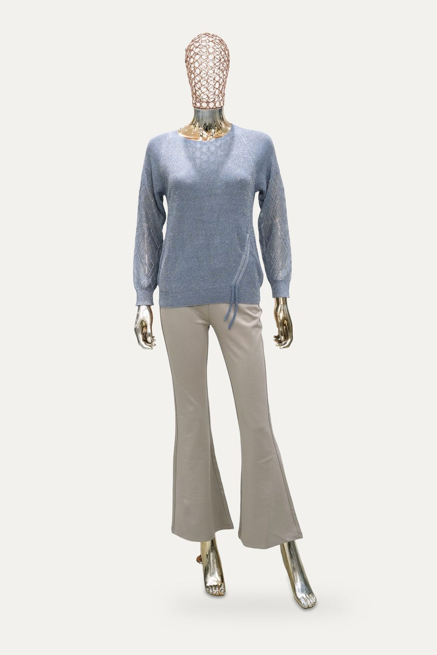 Lace Sleeve Crew Sweater in Dusty Blue