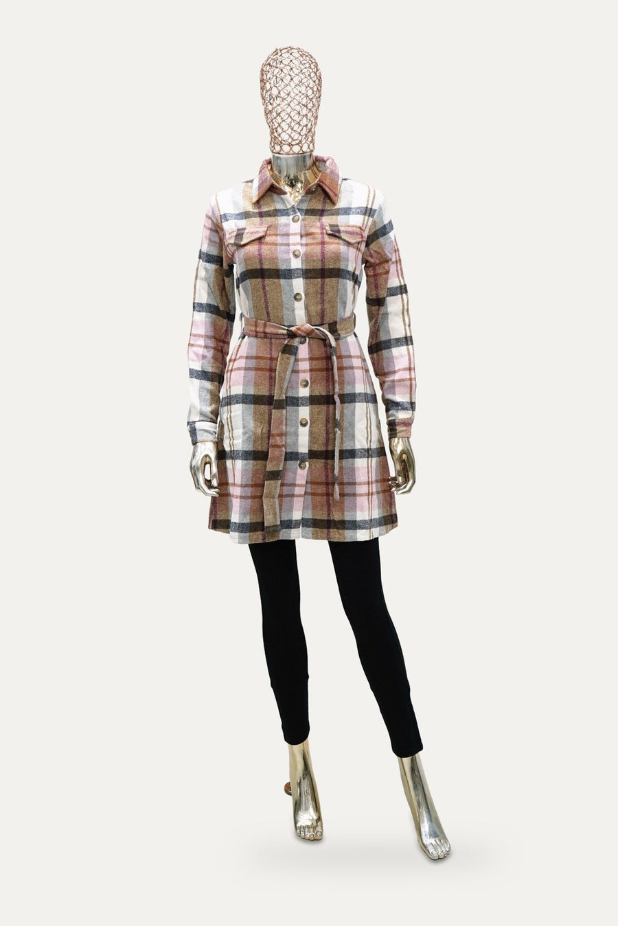 Plaid Belted Shirt Dress in Pink Plaid
