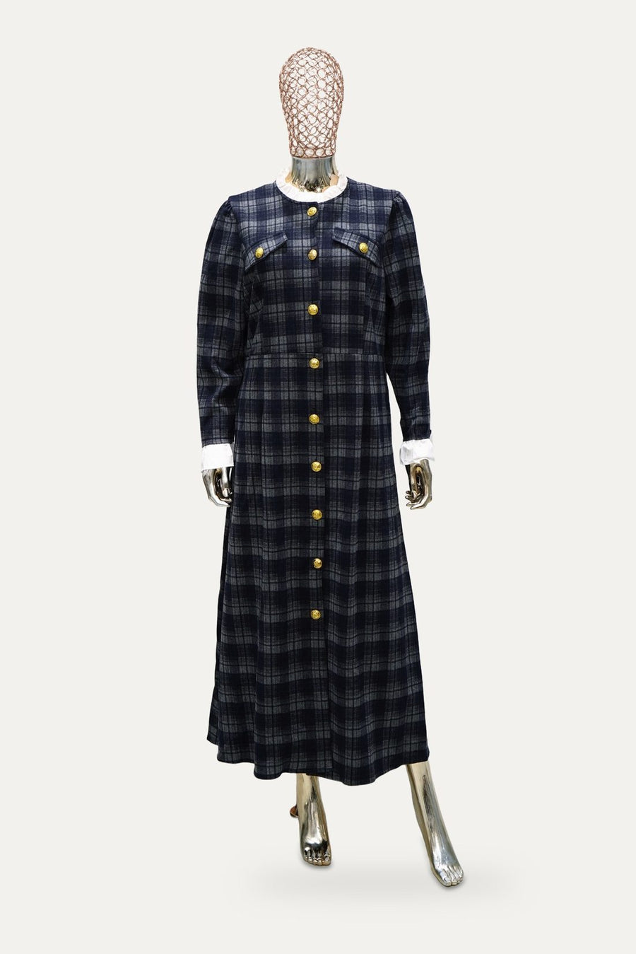 Plaid Button Maxi Dress in Navy Plaid