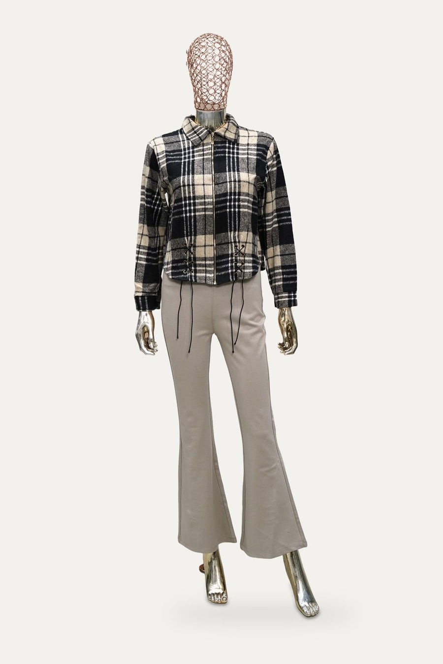 Plaid Drawstring Shirt Jacket in Black Plaid
