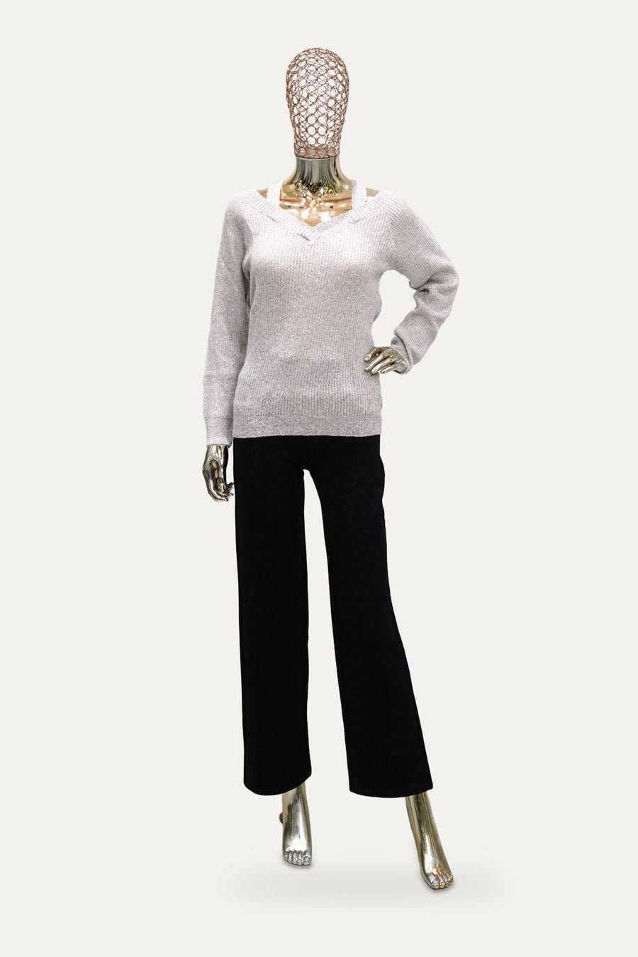 Pointelle V-Neck Sweater in Lavender Grey