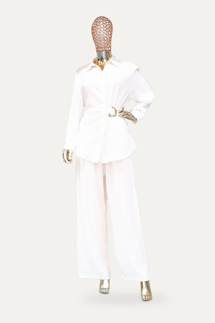 Ring Belt Shirt Co-ord Set in White