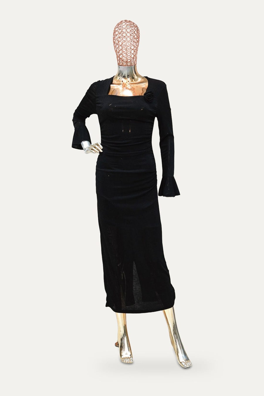 Ruched Bell Sleeve Maxi Dress in Black
