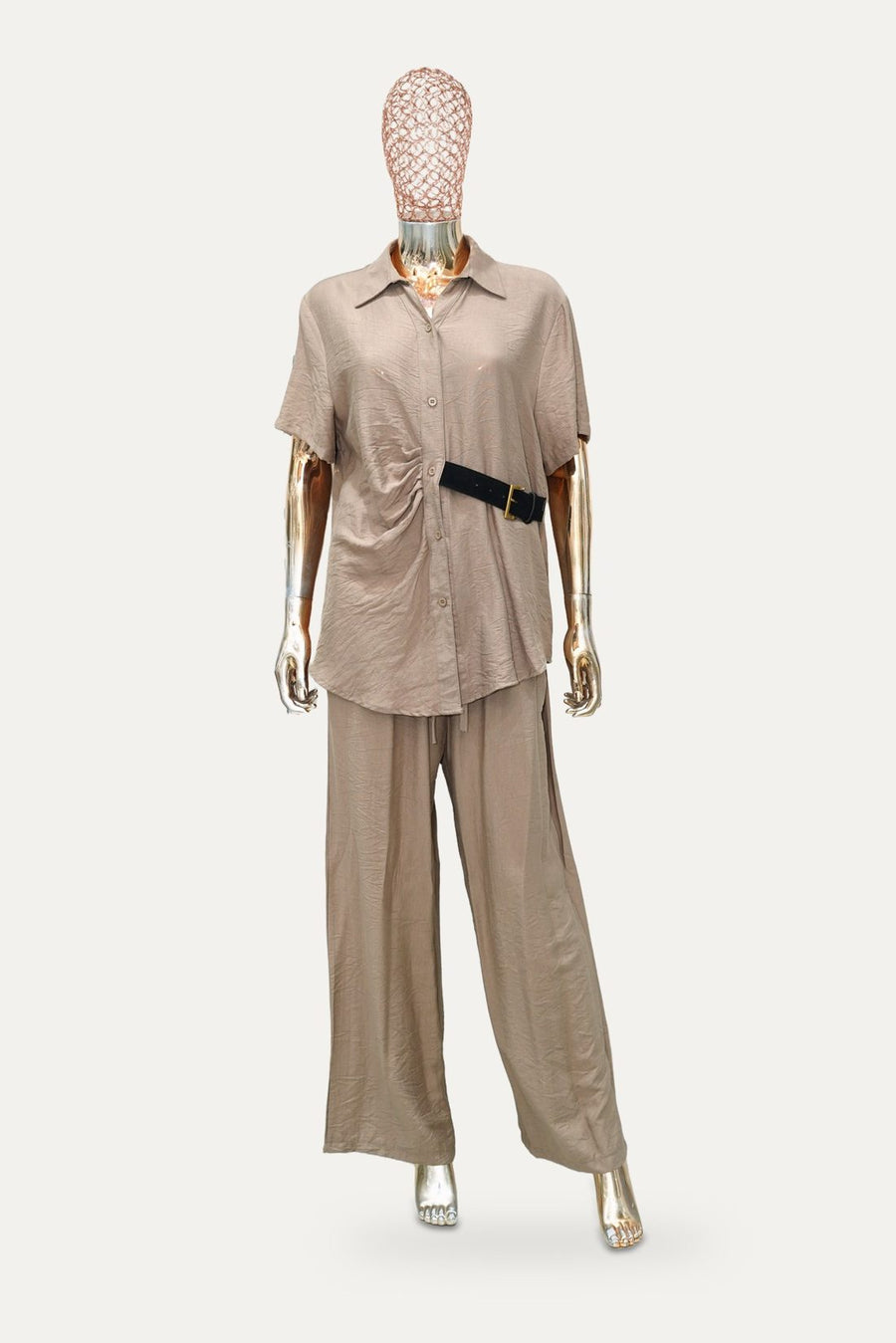 Ruched Belt Shirt Co-ord Set in Taupe