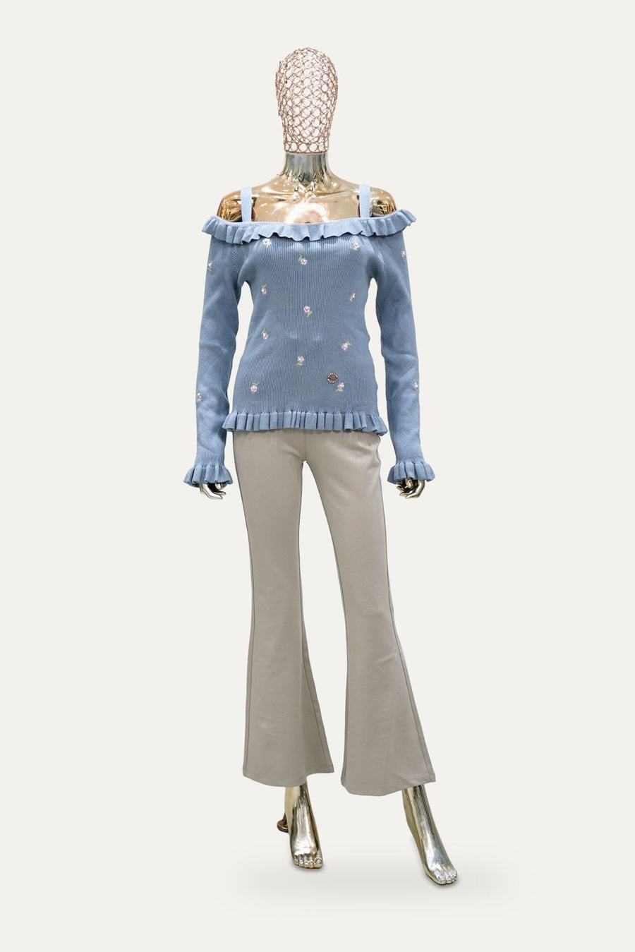 Ruffle Cold Shoulder Knit Top in Blue
