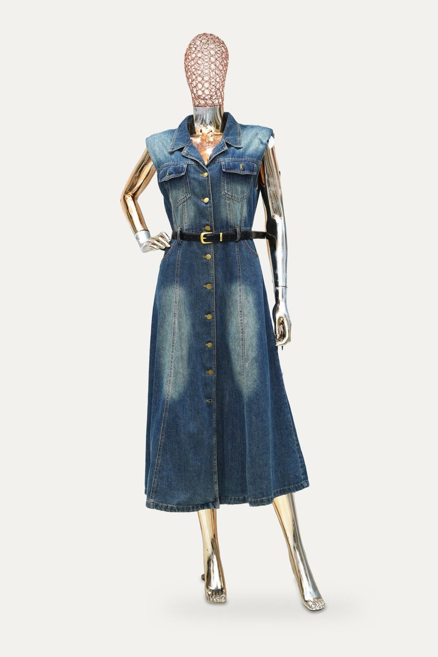 Sleeveless Denim Shirt Dress in Dark Denim
