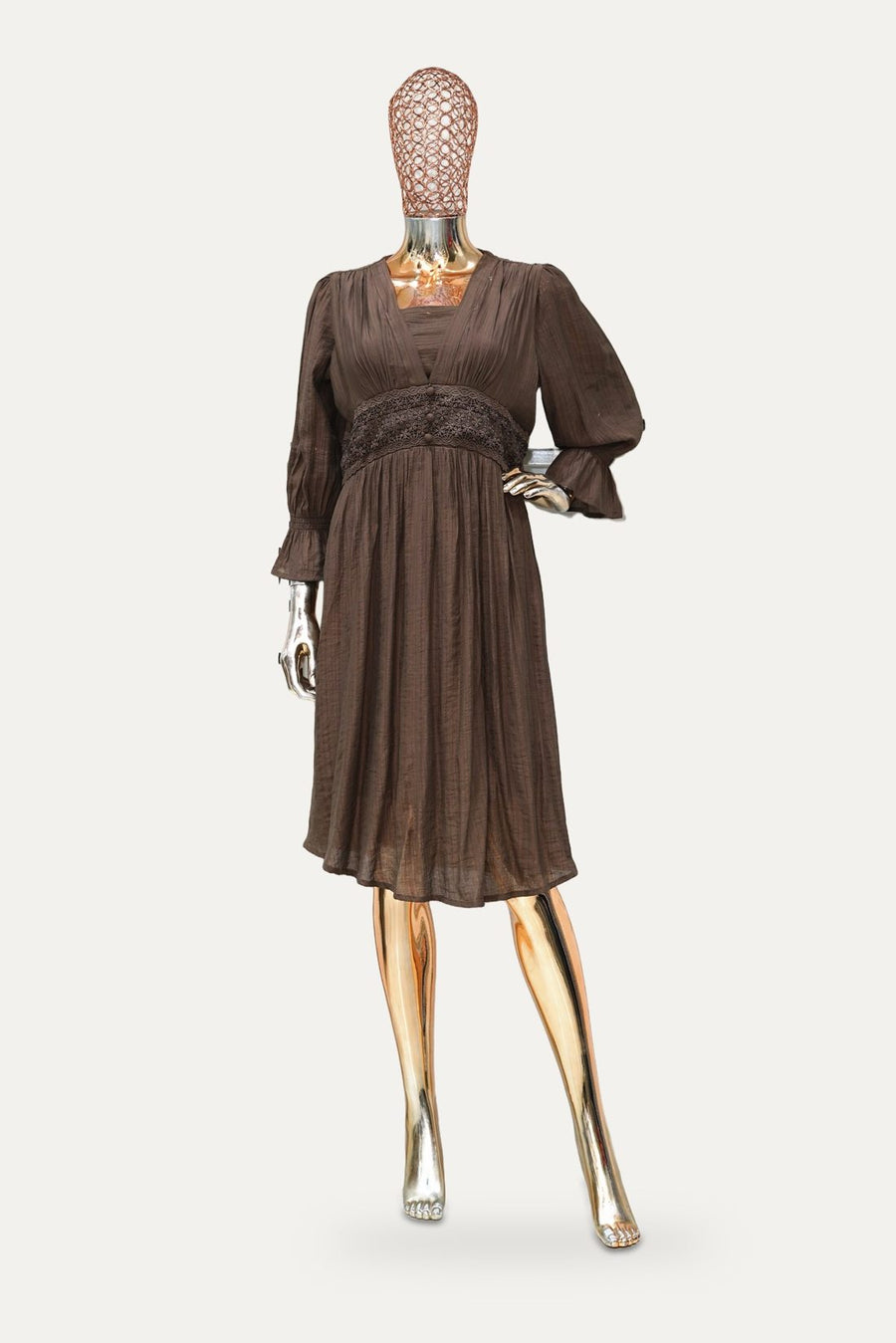 Smocked Waist Midi Dress in Brown