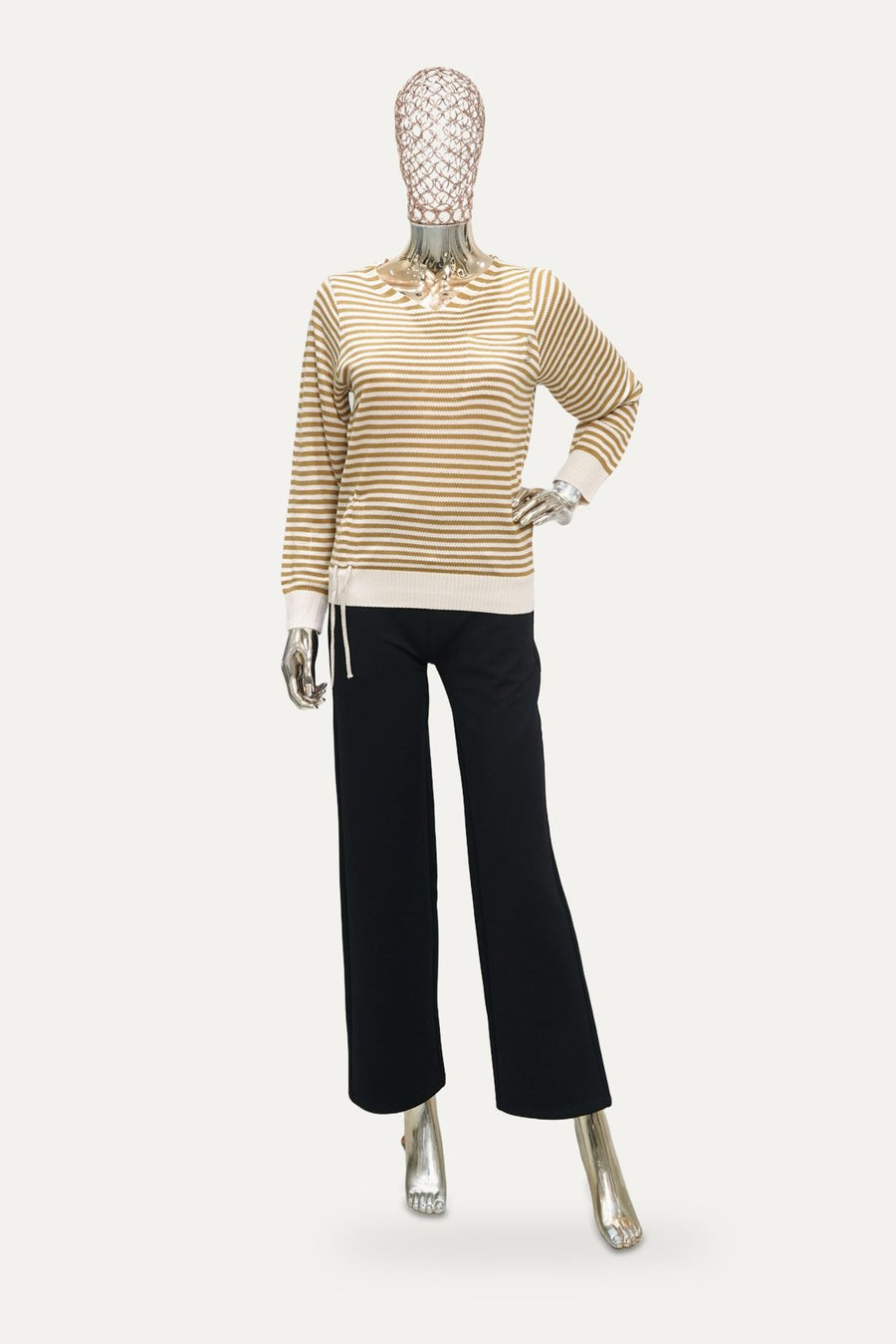 Stripe Knit Polo Top in Beige