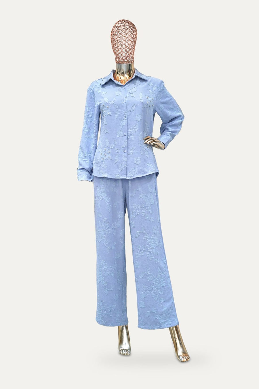 Textured Shirt Co-ord Set in Powder Blue