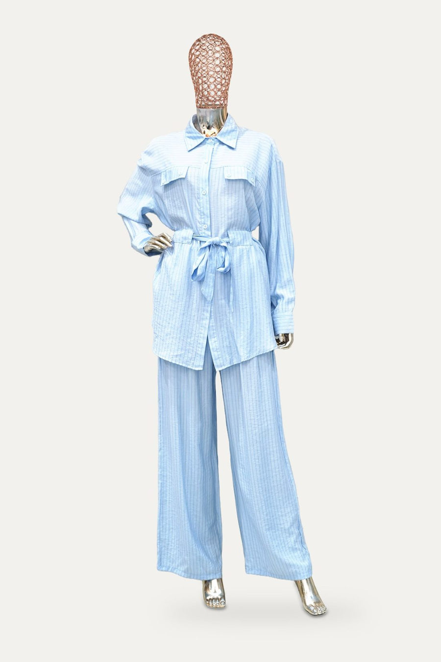 Tie Waist Shirt Co-ord Set in Sky Blue